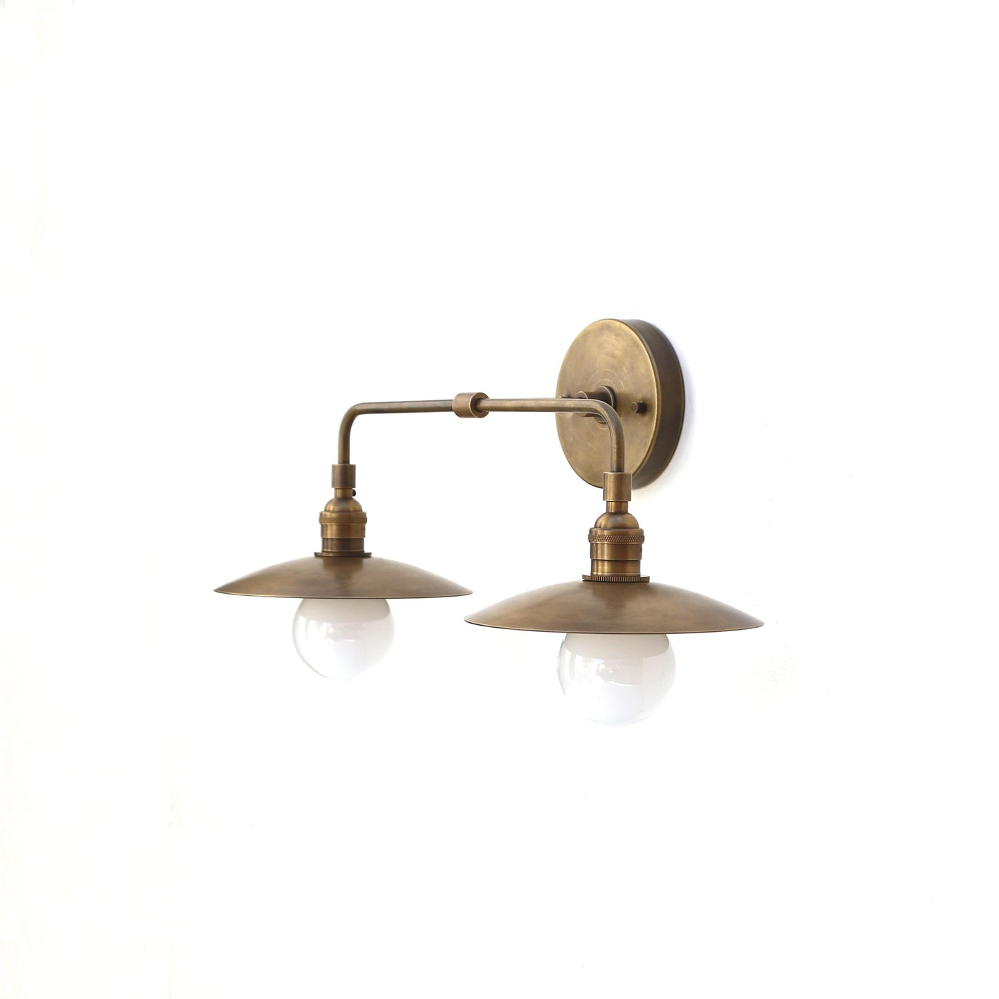 Two-Light Industrial Brass Wall Sconce with Cone Shades