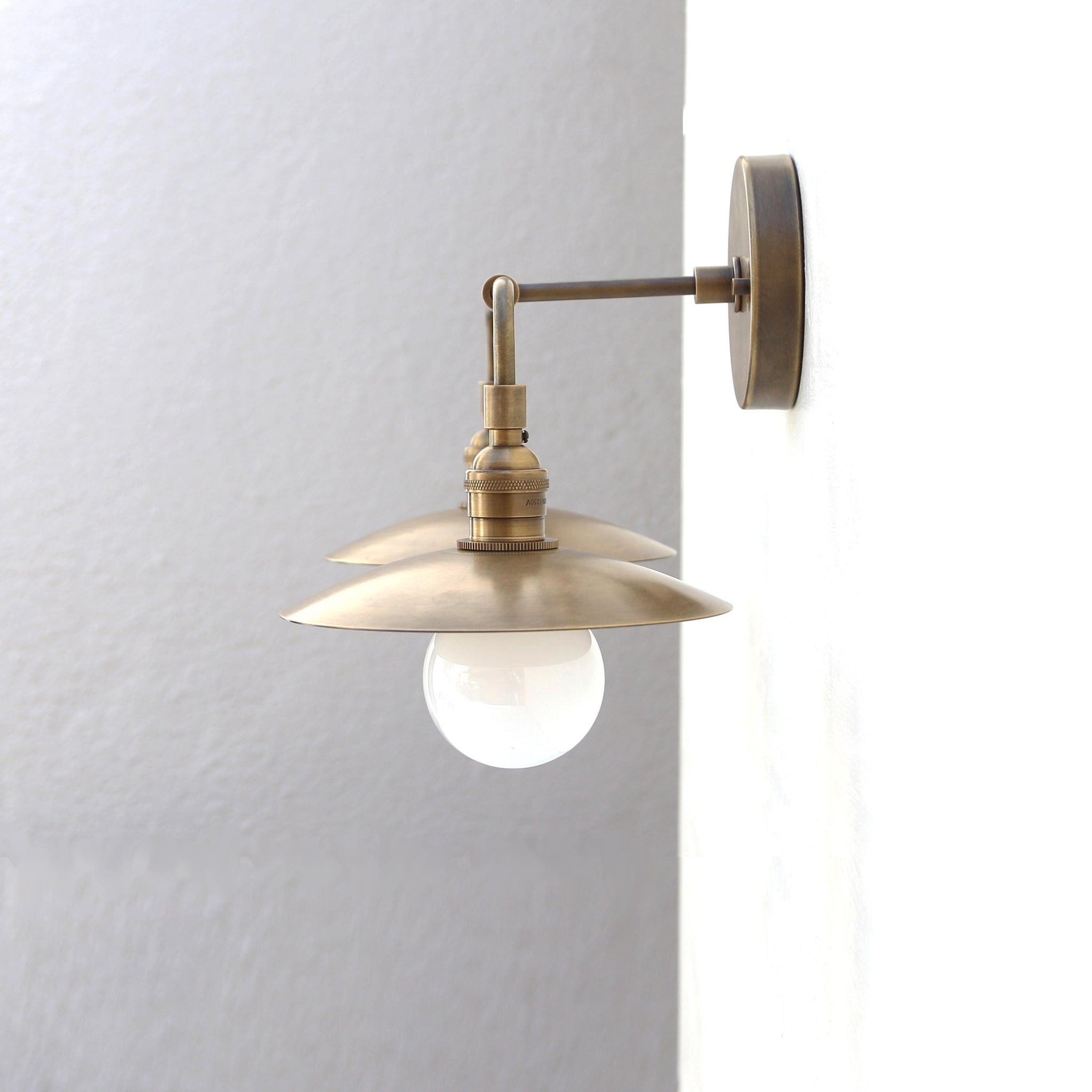 Two-Light Industrial Brass Wall Sconce with Cone Shades