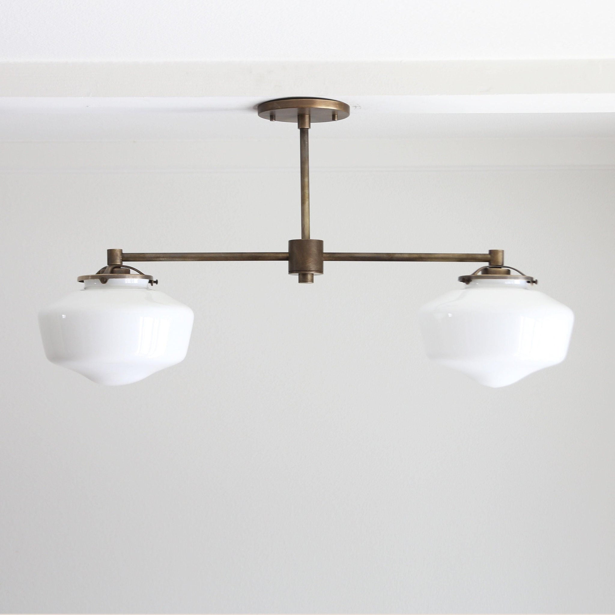 Two-Light Linear Chandelier with Schoolhouse Glass Shades