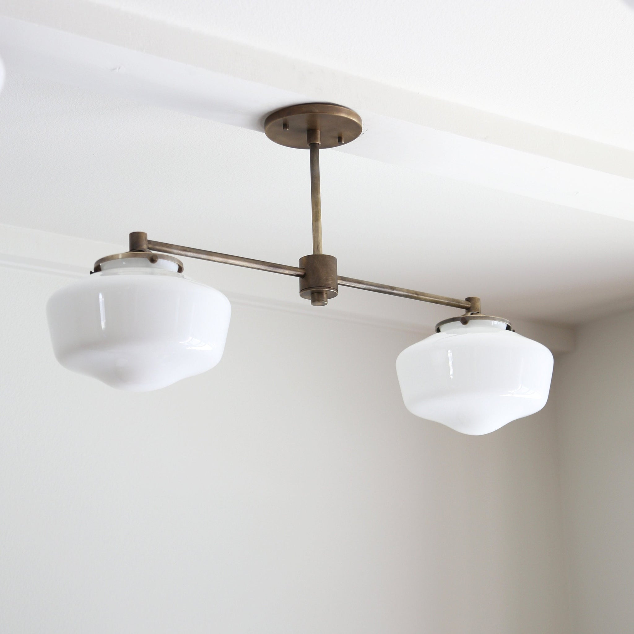 Two-Light Linear Chandelier with Schoolhouse Glass Shades