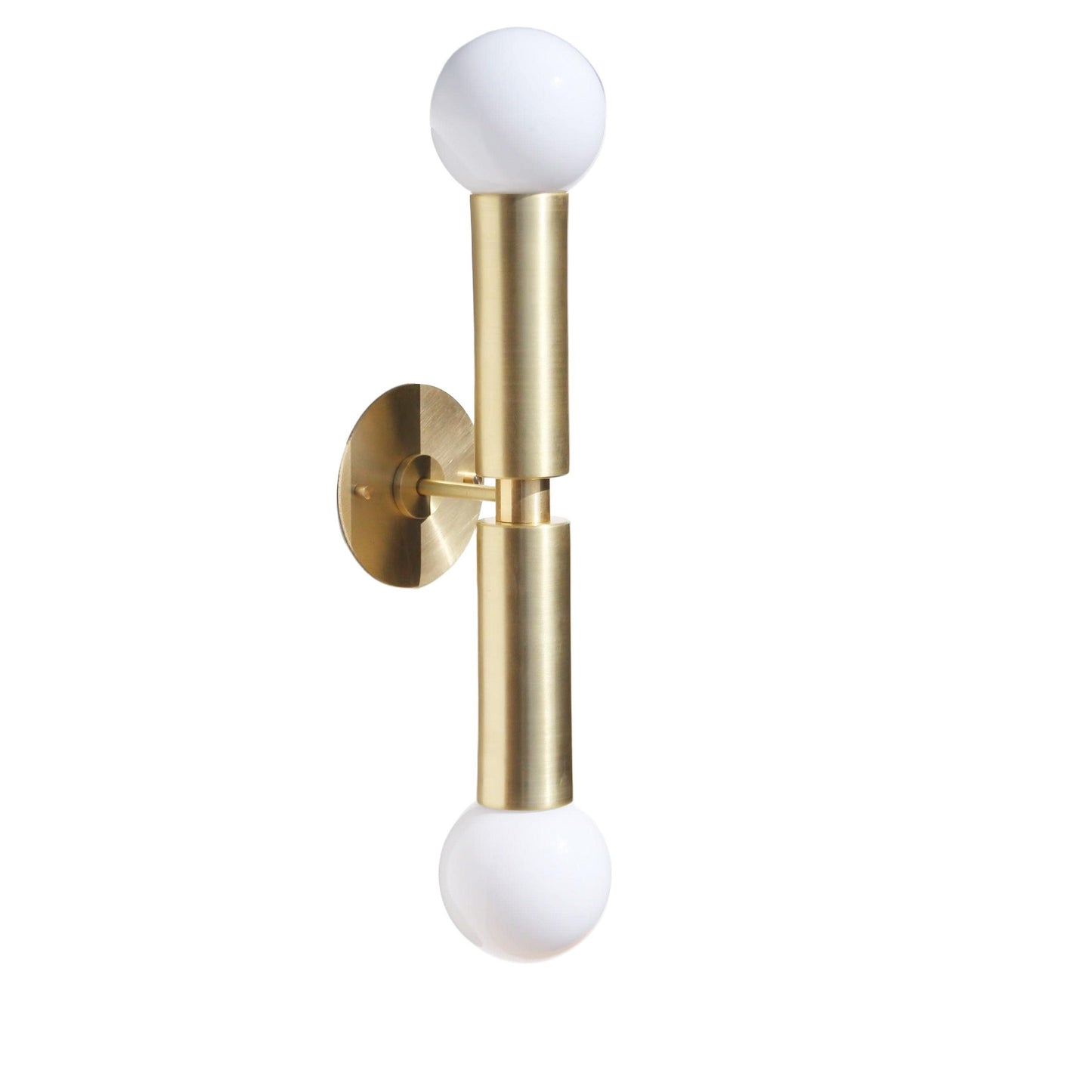 Two-Light Opal Globe Wall Sconce with Vertical Brass Arms