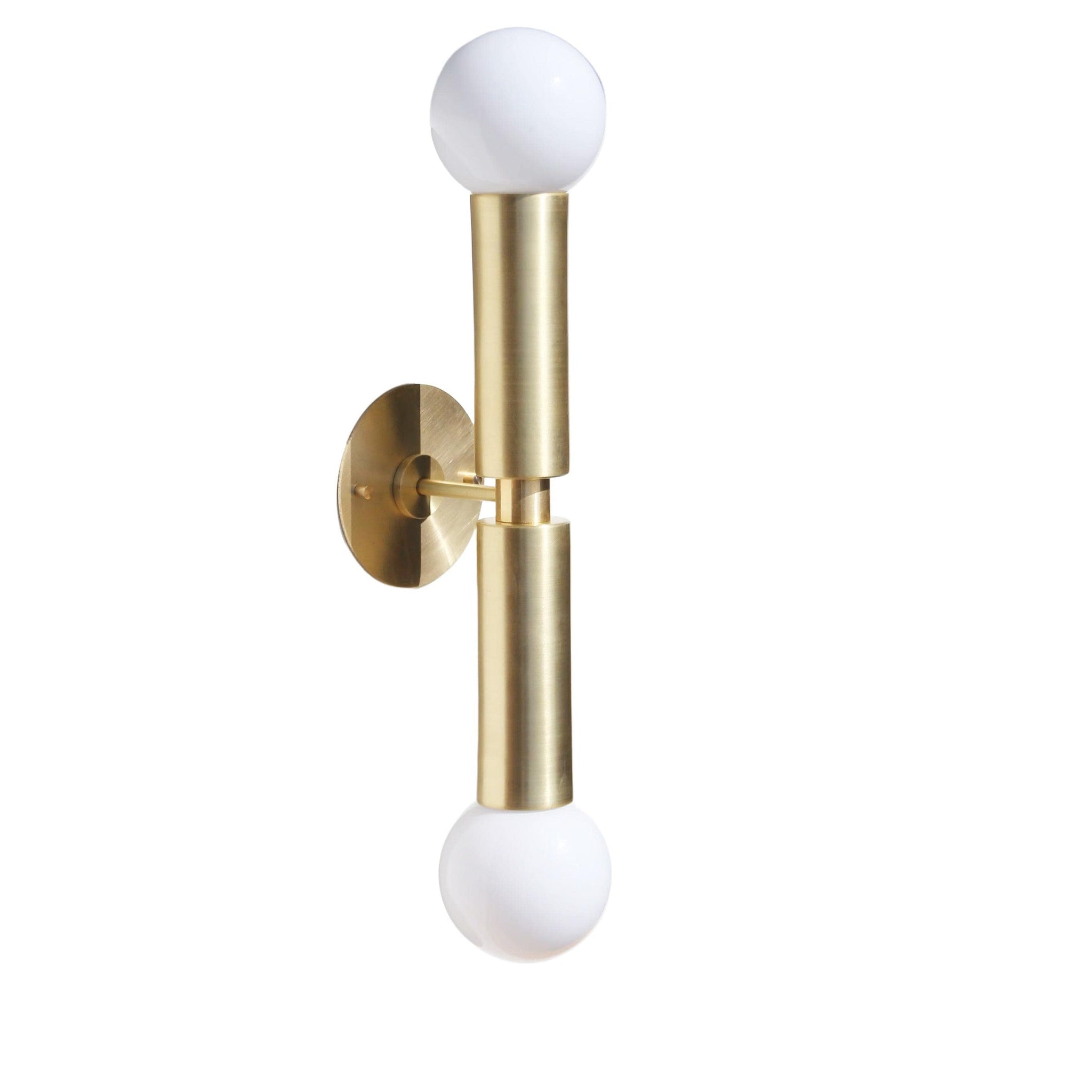 Two-Light Opal Globe Wall Sconce with Vertical Brass Arms