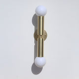 Two-Light Opal Globe Wall Sconce with Vertical Brass Arms