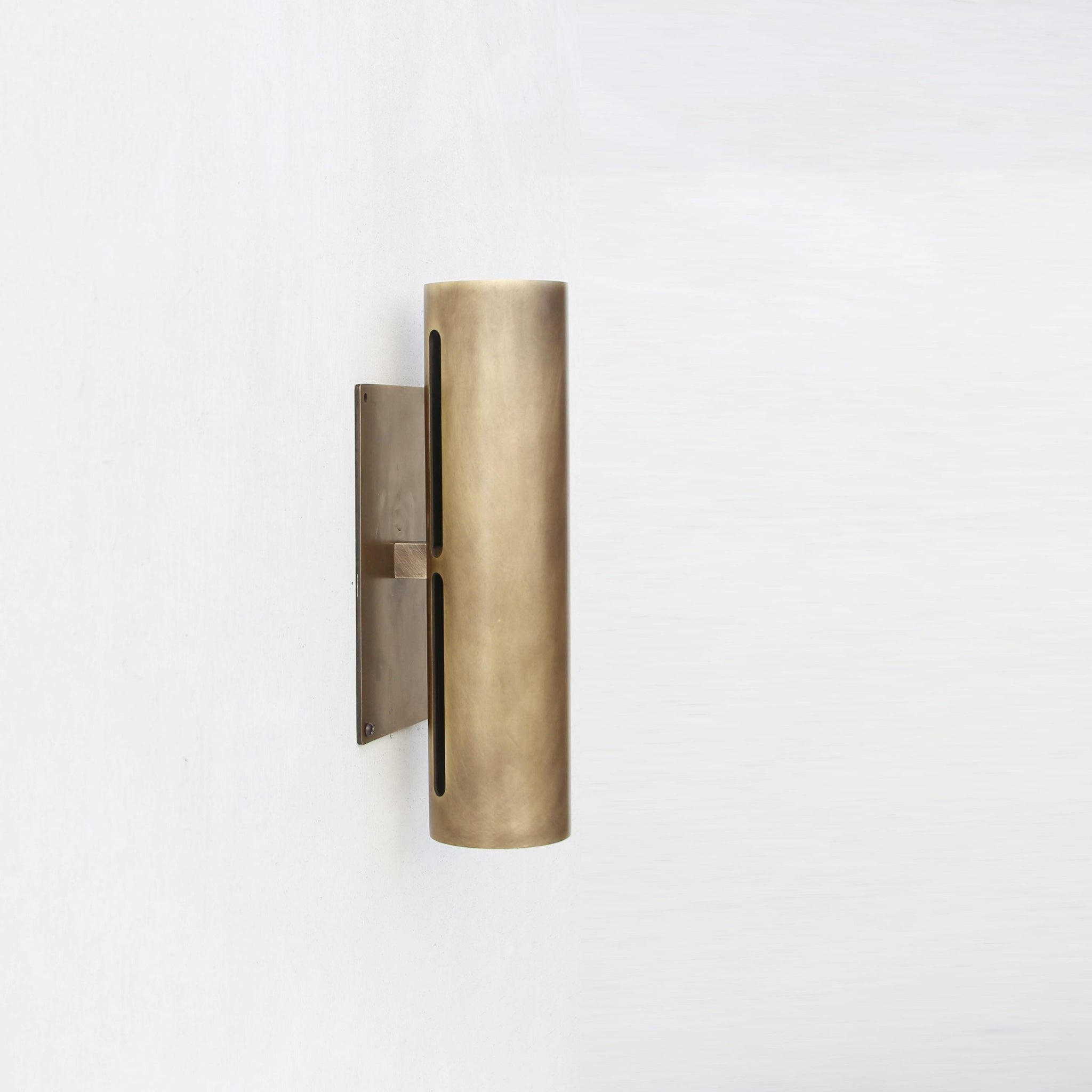 Two-Light Slotted Brass Cylinder Wall Sconce with Cast Square Backplate