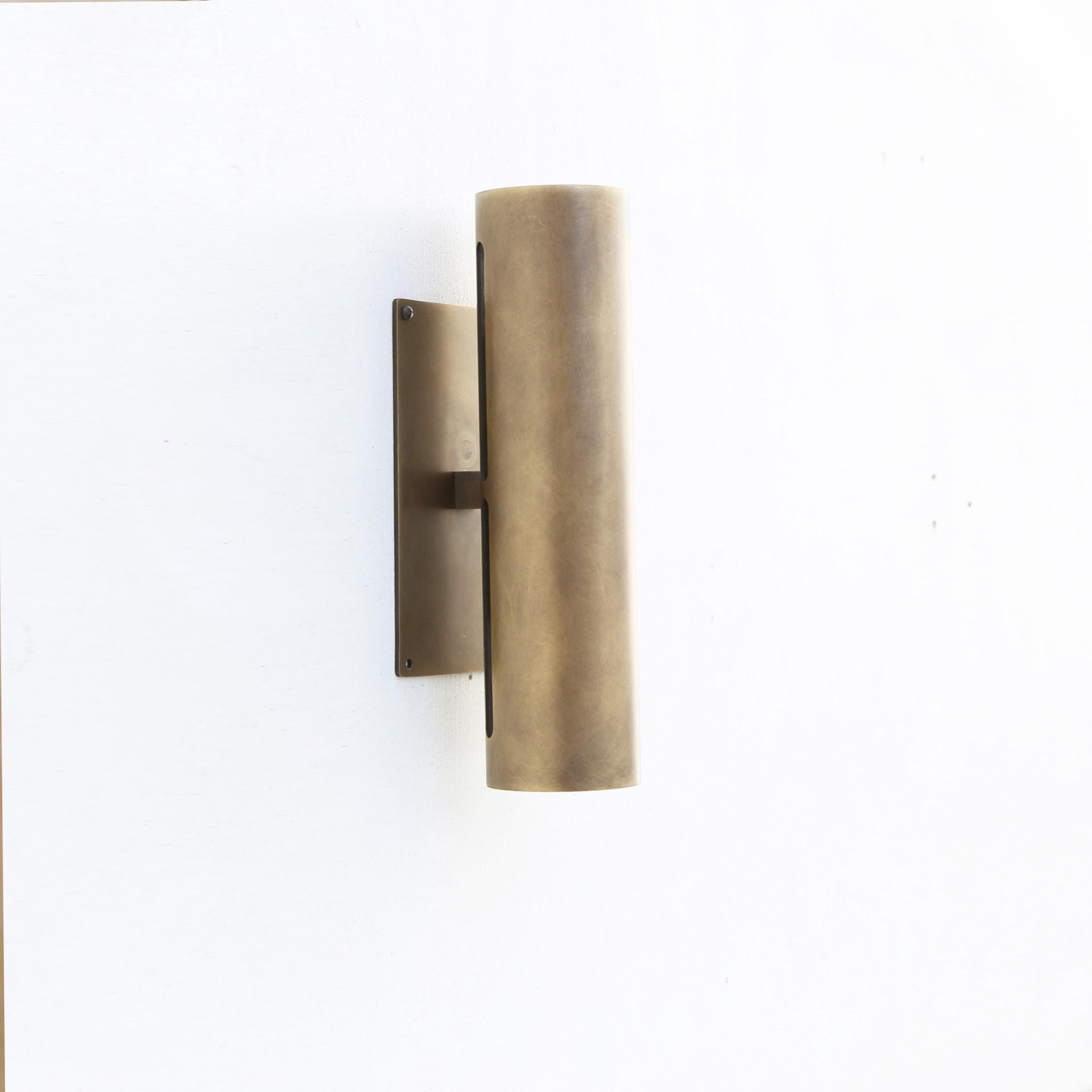 Two-Light Slotted Brass Cylinder Wall Sconce with Cast Square Backplate