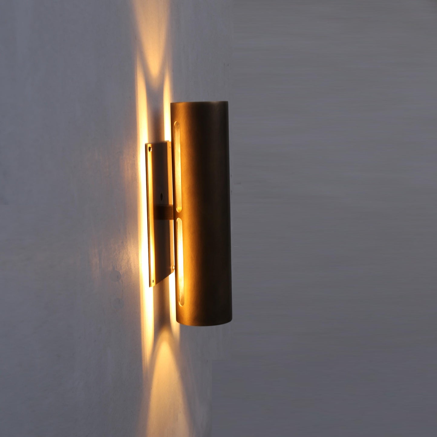Two-Light Slotted Brass Cylinder Wall Sconce with Cast Square Backplate