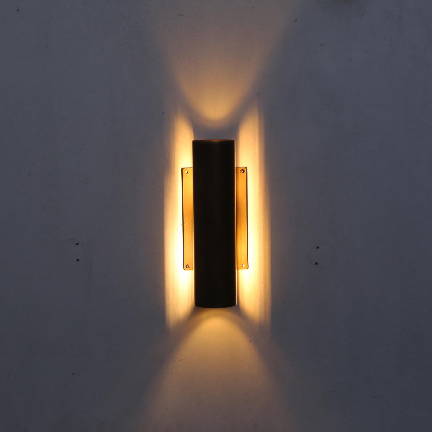 Two-Light Slotted Brass Cylinder Wall Sconce with Cast Square Backplate