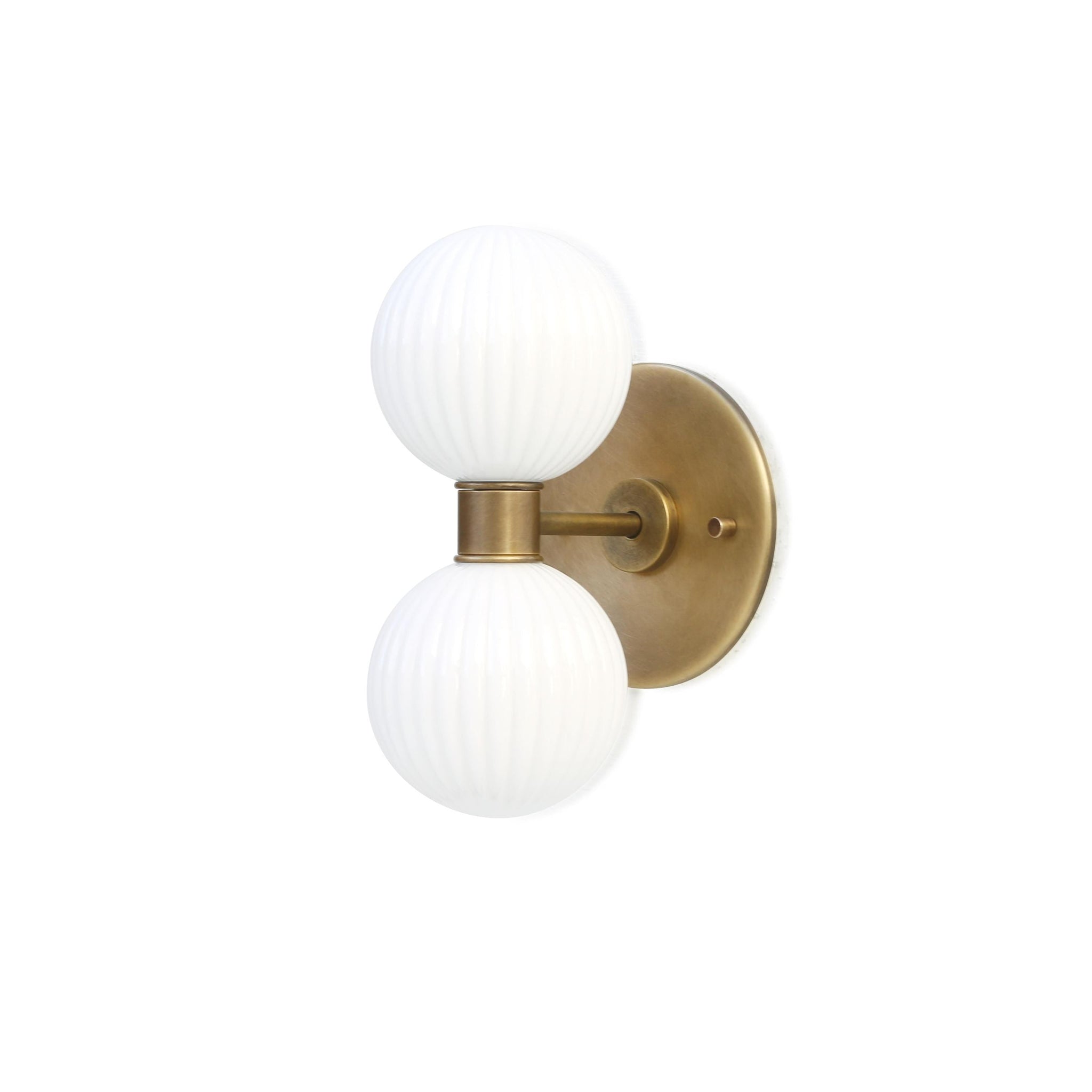 Two-Light Vertical Brass Wall Sconce with Ribbed Opal Globes