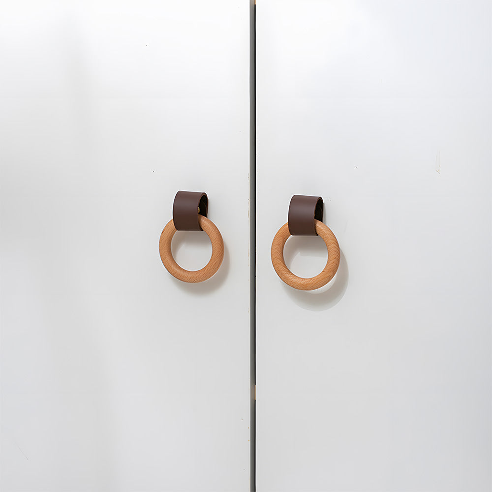 Wood Colorful Ring Leather Wardrobe Drawer Knobs