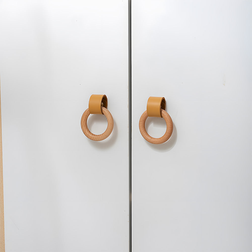 Wood Colorful Ring Leather Wardrobe Drawer Knobs
