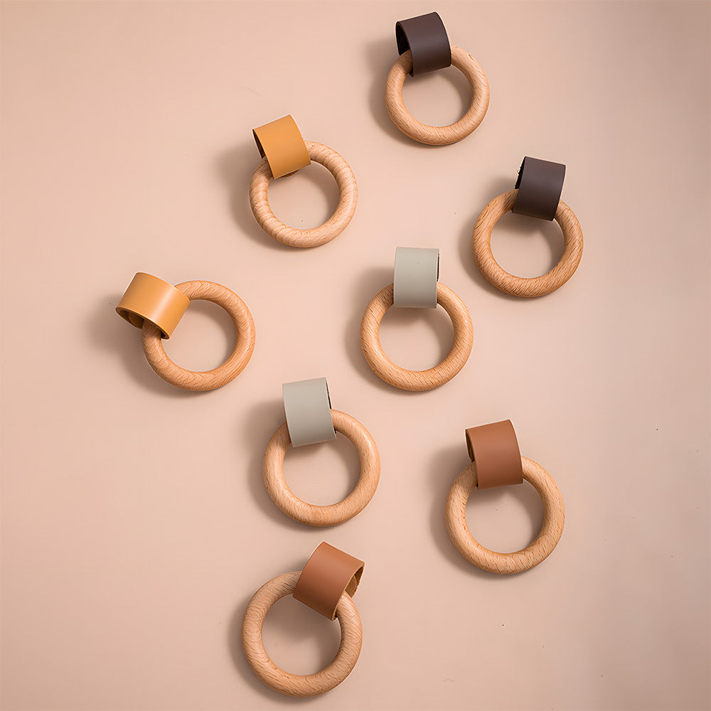 Wood Colorful Ring Leather Wardrobe Drawer Knobs