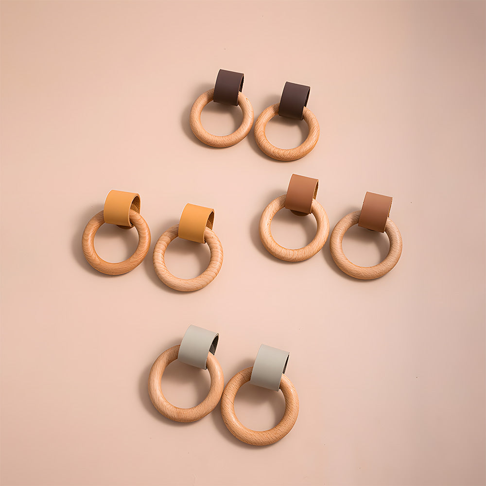 Wood Colorful Ring Leather Wardrobe Drawer Knobs