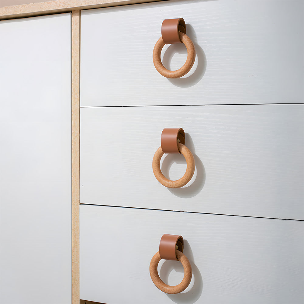 Wood Colorful Ring Leather Wardrobe Drawer Knobs