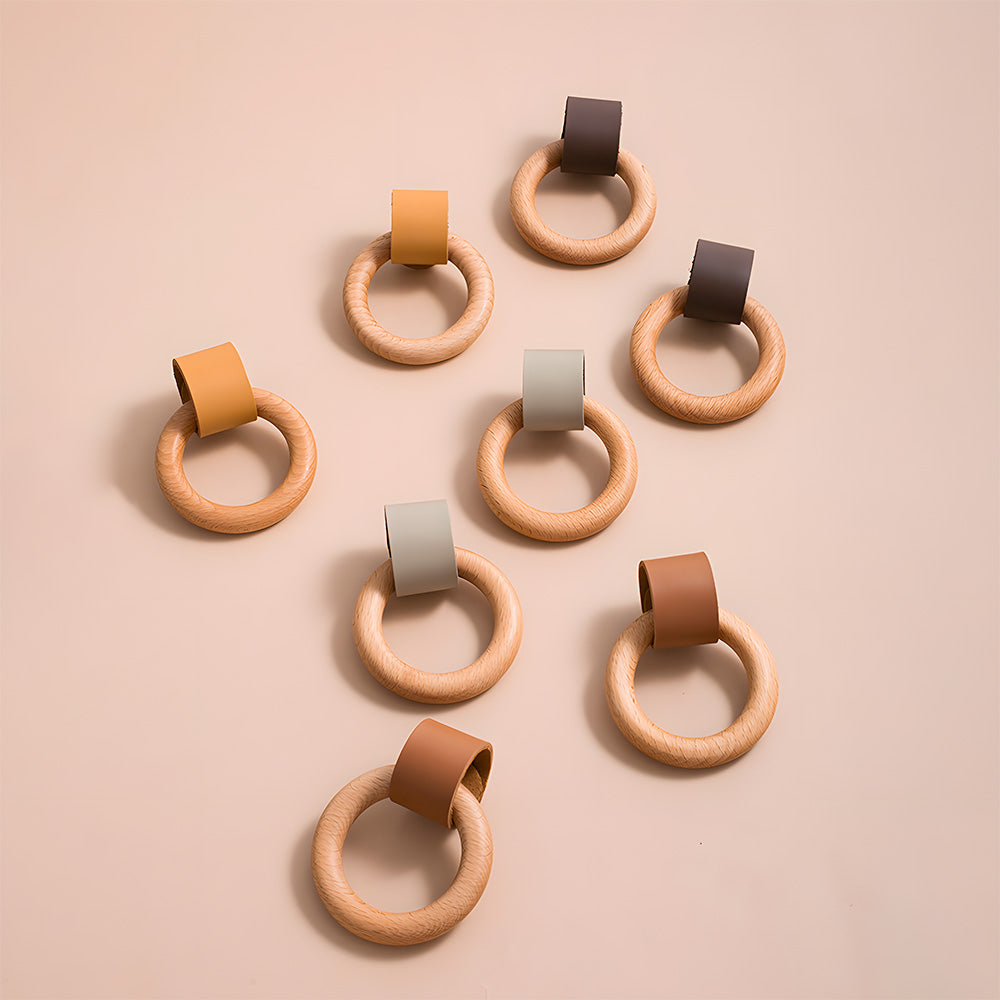 Wood Colorful Ring Leather Wardrobe Drawer Knobs
